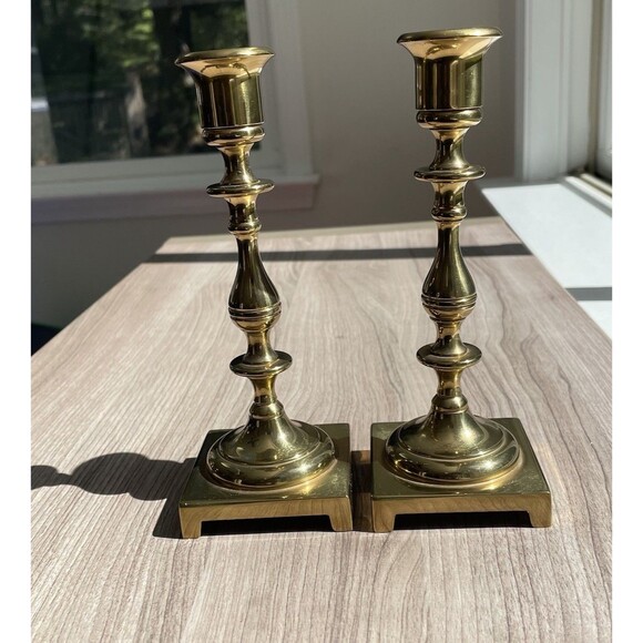 Vintage Baldwin Brass Candlesticks Candle Holders 7.5 in w/ Square Footed Bottom - Picture 1 of 9